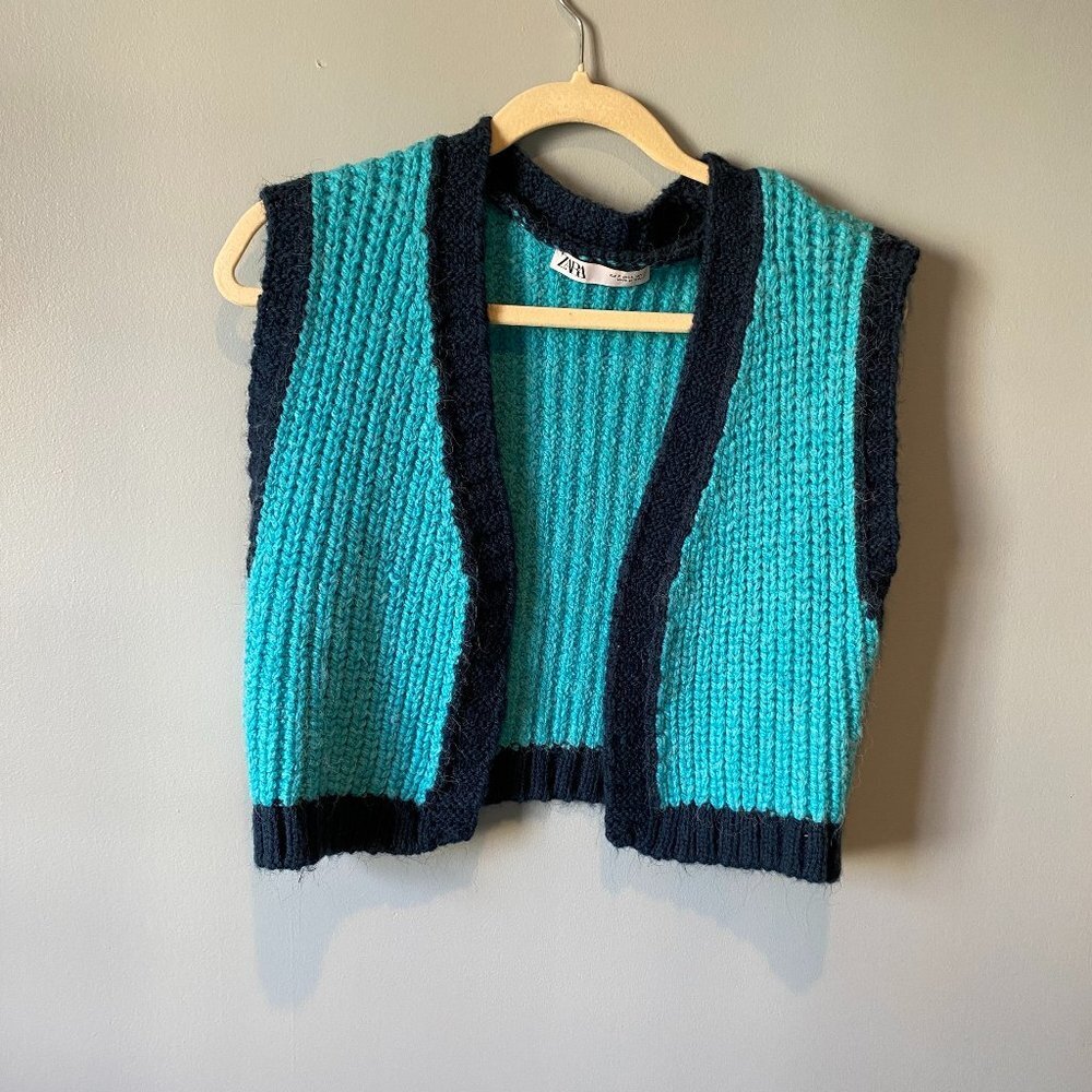 Zara Vest Cropped Open Front Sweater Turquoise/Blue Size Small